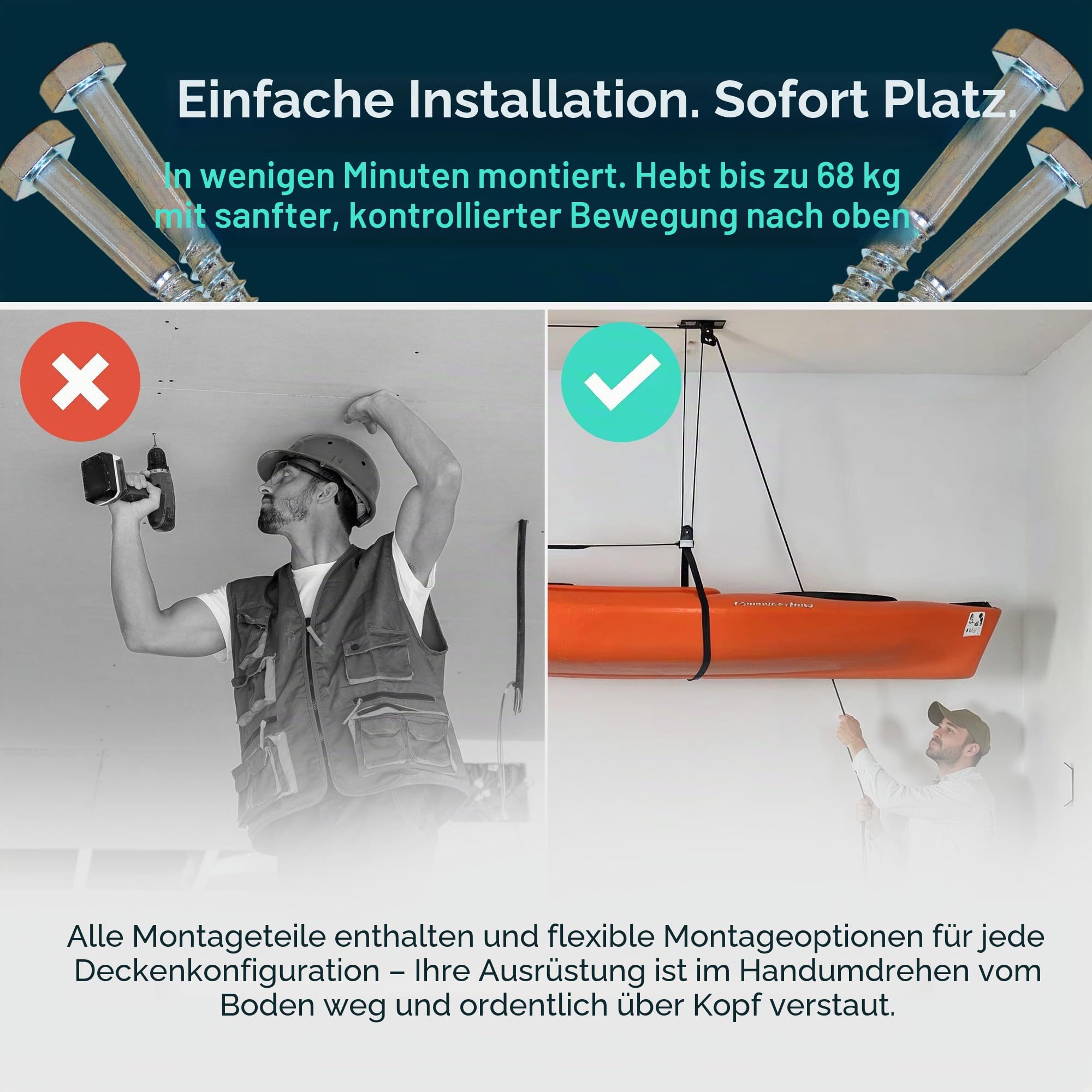 StoreYourBoard Kajak- und Kanu-Decken-Flaschenzugsystem, Garagenhalterung, Lagerheber, strapazierfähig, hält 68 kg, Indoor-Organizer
