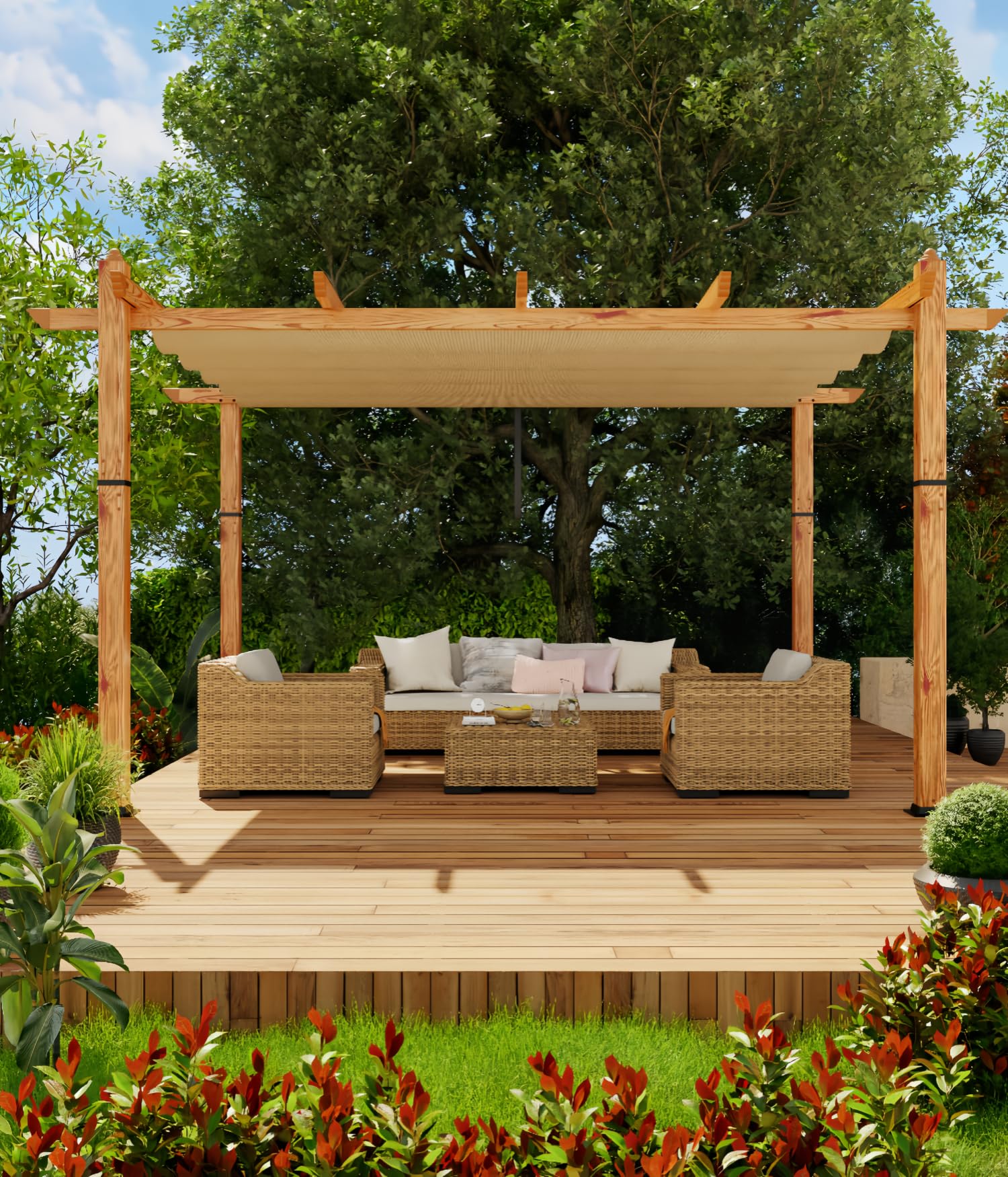 GAOMON Retractable Pergola 10' x 13' Aluminum Outdoor Pergola with Retractable Canopy Faux Wood Metal Pergolas for Patios, Backyard, Deck, Patio, Garden Porch Beach Pavilion Grape Trellis, Khaki