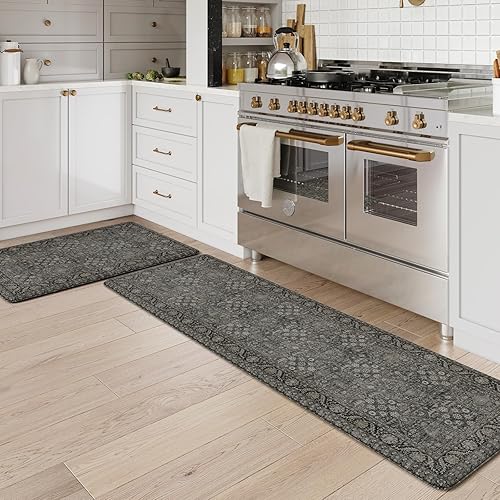 Vista 93 de KIMODE - Juego de 2 tapetes de cocina antifatiga, estilo vintage, antideslizantes, impermeables, ergonómicos, acolchados, cómodos para lavandería