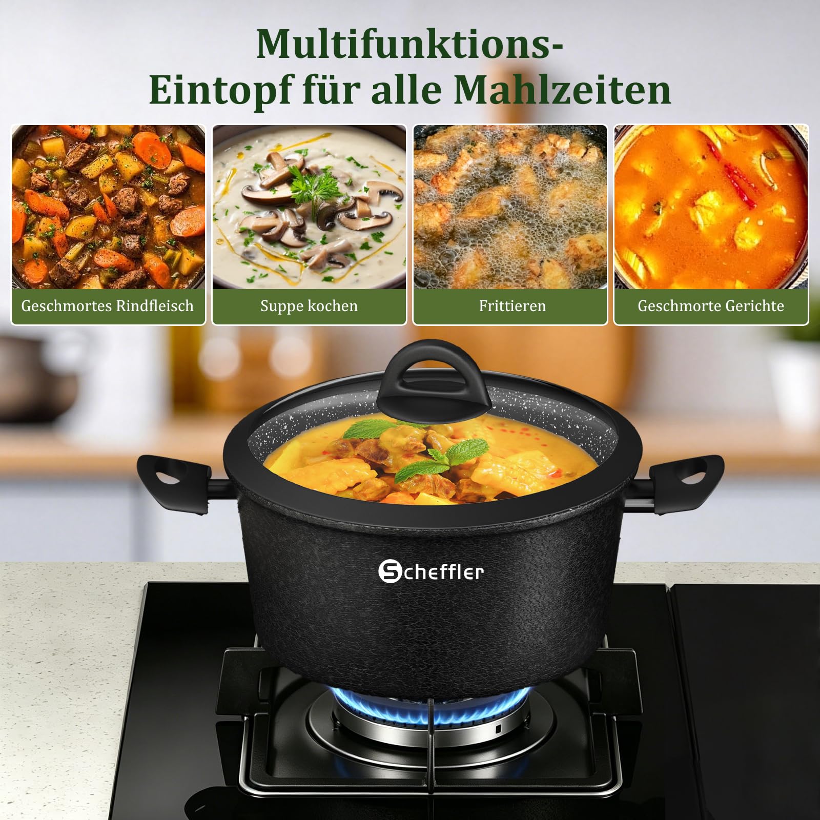 Scheffler Topfset Induktion 6-tlg Kochtopf Set beschichtet(HL-21PS62) | Ø20/24/28cm Kochtopf Induktion mit Glasdeckel,Aluminium ,Spülmaschinenfest,Antihaftbeschichtung,Für alle Herdarten geeignet