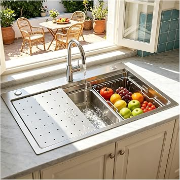 50cm Wide Large Stainless Steel Sink, Square Includes Soap Dispenser and Siphon, Built-in Sink with Tap Hole 1 Bowl, Worktop Built-in Sink with Siphon and Over and DrainSilver-#A,80x50cm
