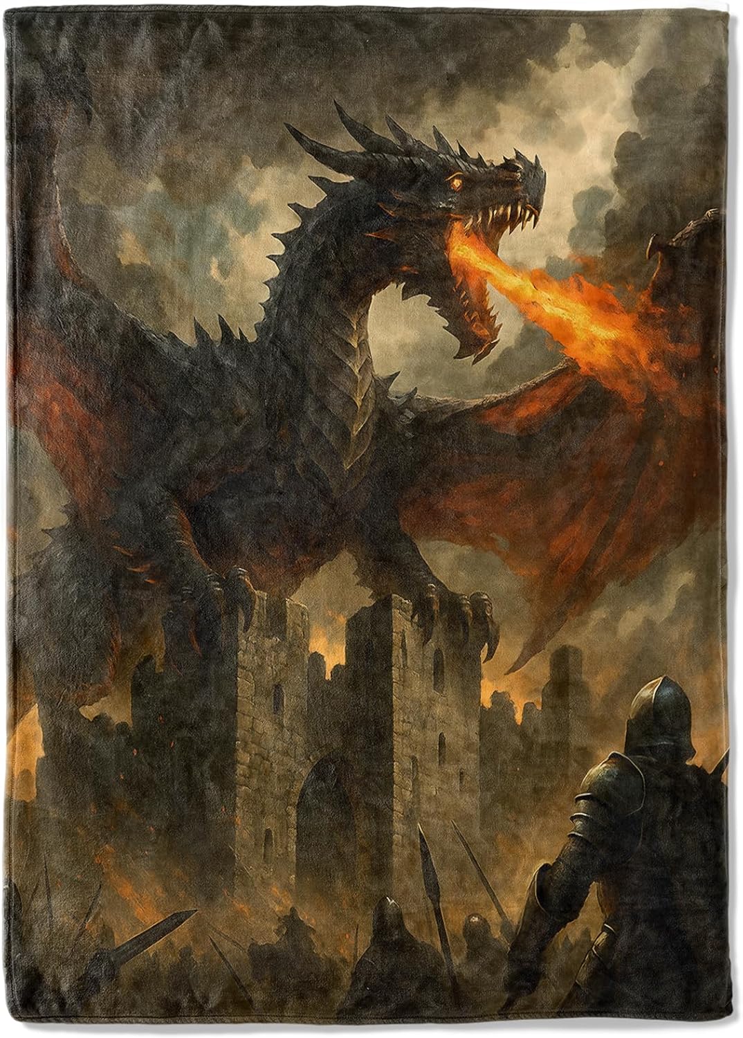 Epic Fire Breathing Dragon Fleece Blanket,50x60in,Medieval Castle Battle Fantasy Art Throw Blankets,Soft Cozy Lightweight, Ideal for Bed Living Room Home Gothic Lovers Decor,Men Gifts