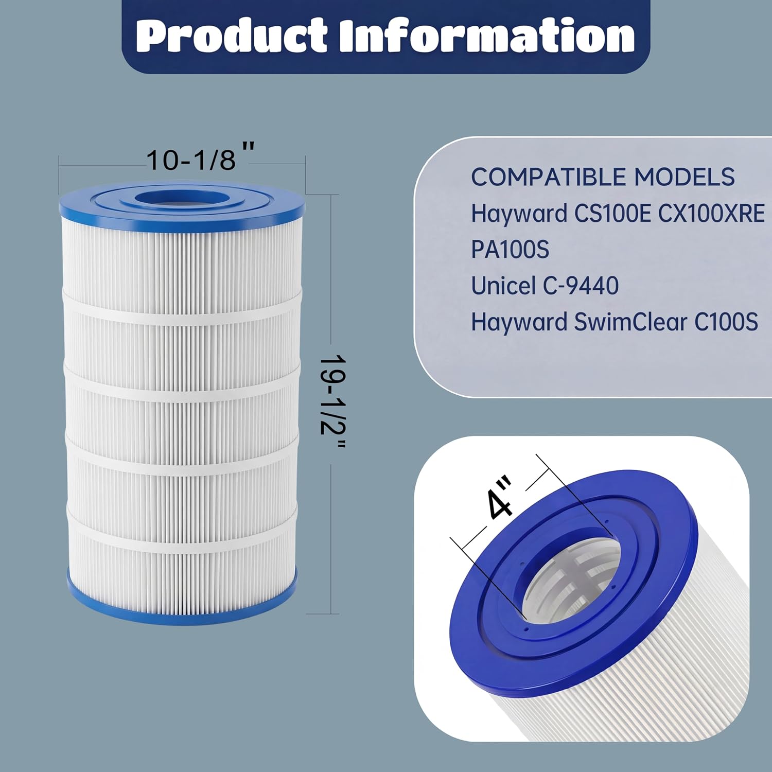 C100S Pool Filter Cartridge - Compatible with Hayward C100S Filter Cartridge, CS100E, CX100XRE, PA100S, C-9440 Pool Filter Replaces, 100 Sq.Ft. 1 Pack