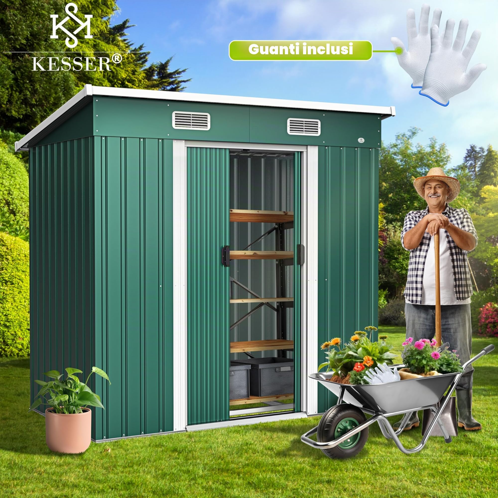 KESSER - Casetta per attrezzi L in metallo, 4 m³ con fondazione | 210 x 132 x 186 cm | 2 porte scorrevoli e fondazione | capanno attrezzi | Armadio da giardino | tetto spiovente capannone giardino