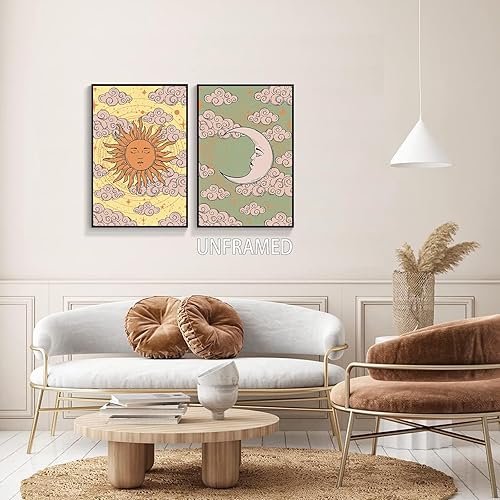 Miniatura 4 de ytreyoimro Juego de 2 lienzos artísticos de pared con sol y luna, póster psicodélico celestial de los años 70, tarjeta de tarot místico, arte hippie
