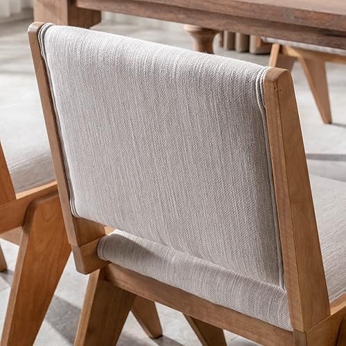 Miniatura 4 de BESTANO Juego de 2 sillas de comedor tapizadas de lino con patas de madera, modernas sillas de comedor acolchadas de mediados de siglo para cocina