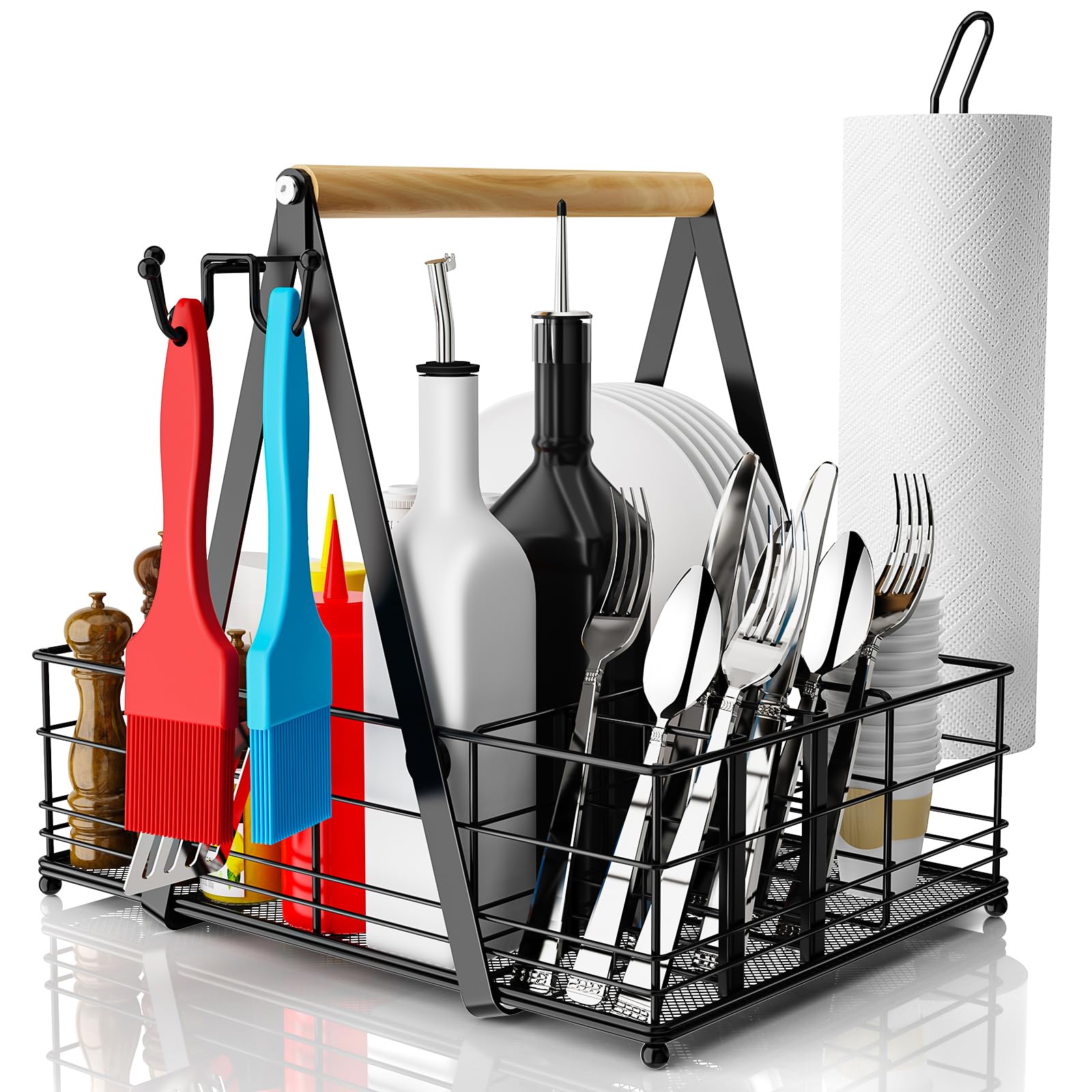 Grill Caddy with Paper Towel Holder, Picnic BBQ Condiment Utensil Organizer Caddy for Outdoor Kitchen, Rv, Camping Accessories, Camping Essential, Camper Must Haves