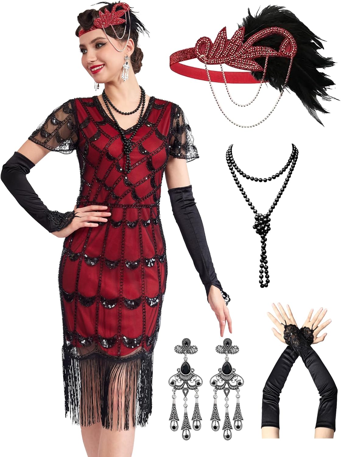 1920S Dresses for Women, Fringed Sequin Dresses Set, Roaring 20s Costumes with 20s Accessories for Harlem Nights