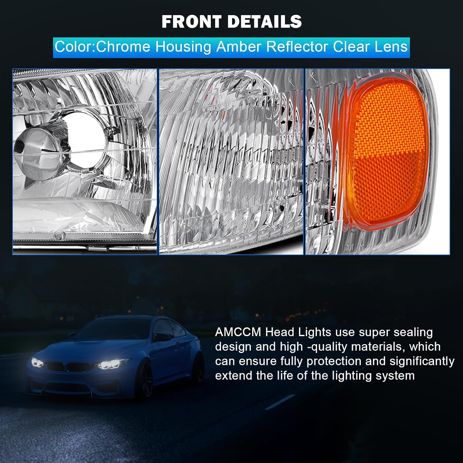 Headlight Assembly Fit for Toyota for Corolla 98 99 20 Replace 81510/81520-02040 81150-02050 81110-02060 2PCS Left & Right Pair Headlamps Assembly (Chrome Housing Amber Reflector Clear Lens)