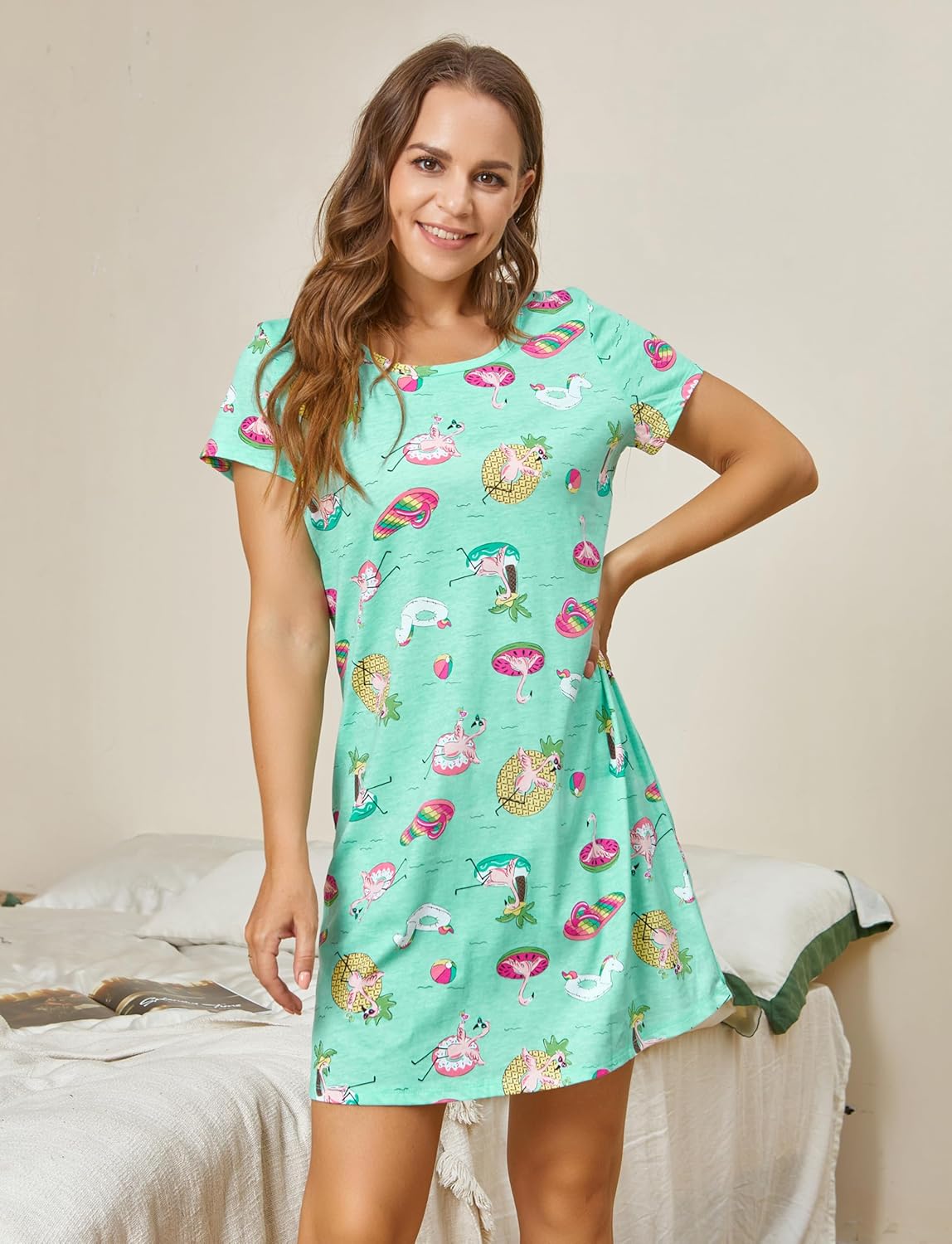 PNAEONG Women's Cotton Nightgown Sleepwear Short Sleeves Shirt Casual Print Sleepdress - Image 3