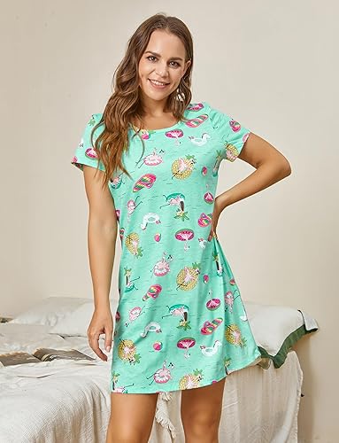 Miniatura 3 de PNAEONG - Camisón de algodón para mujer, de manga corta y con estampado, ropa de dormir informal