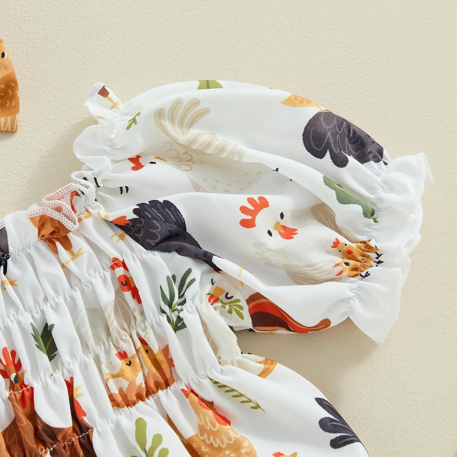 Newborn Baby Girl Farm Outfit Chicken Print Short Sleeve Romper Smocked Bodysuit Headband Infant Country Clothes - Image 5