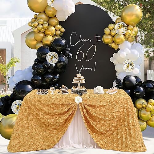 Fanqisi Mantel rectangular de satén floral 3D de 90 x 132 pulgadas, manteles de roseta dorada para bodas, fiestas, baby shower, comedor, decoración