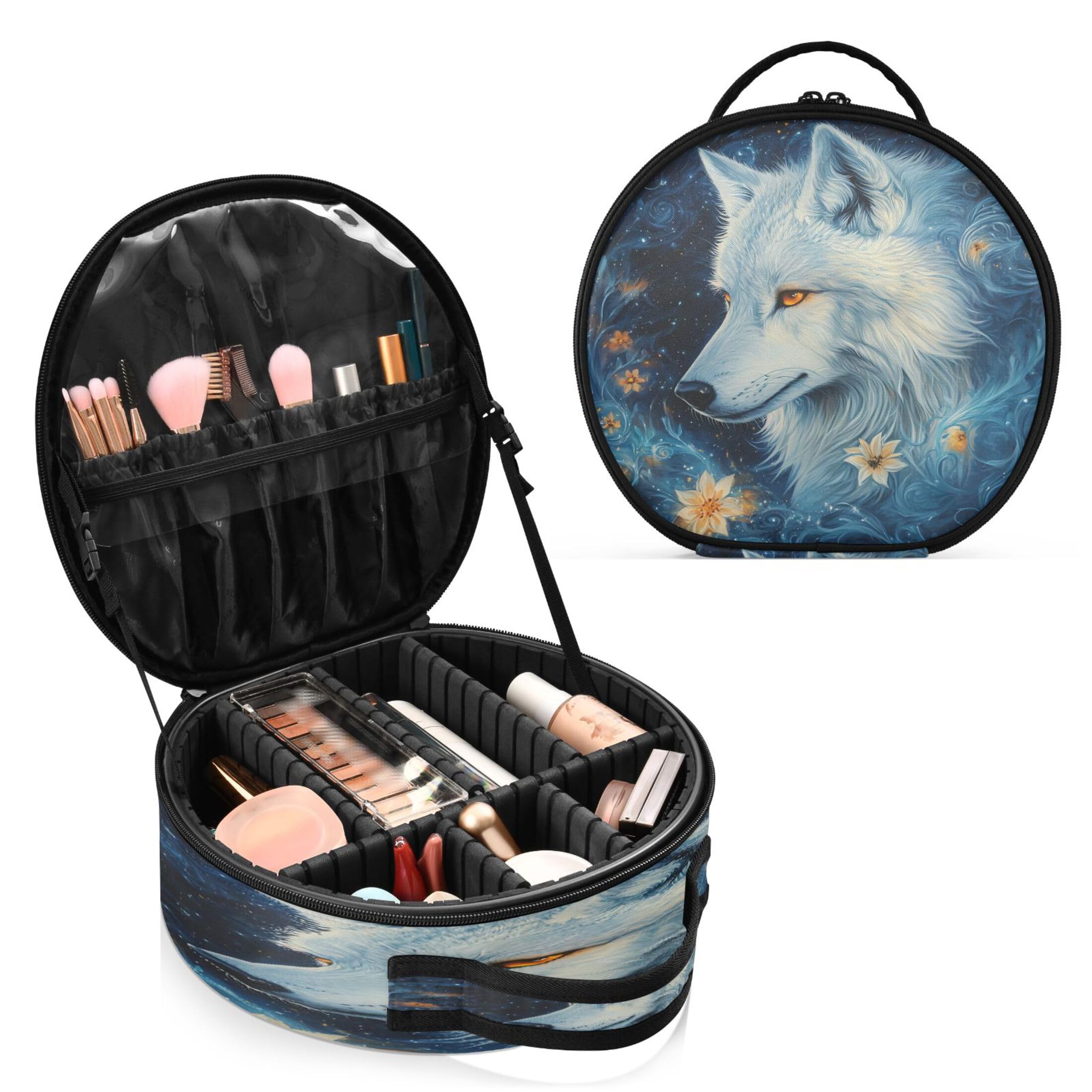 Takiito White Wolf Travel Makeup Case Portable Makeup Box Artist Cosmetic Case Organizer With Adjustable Dividers