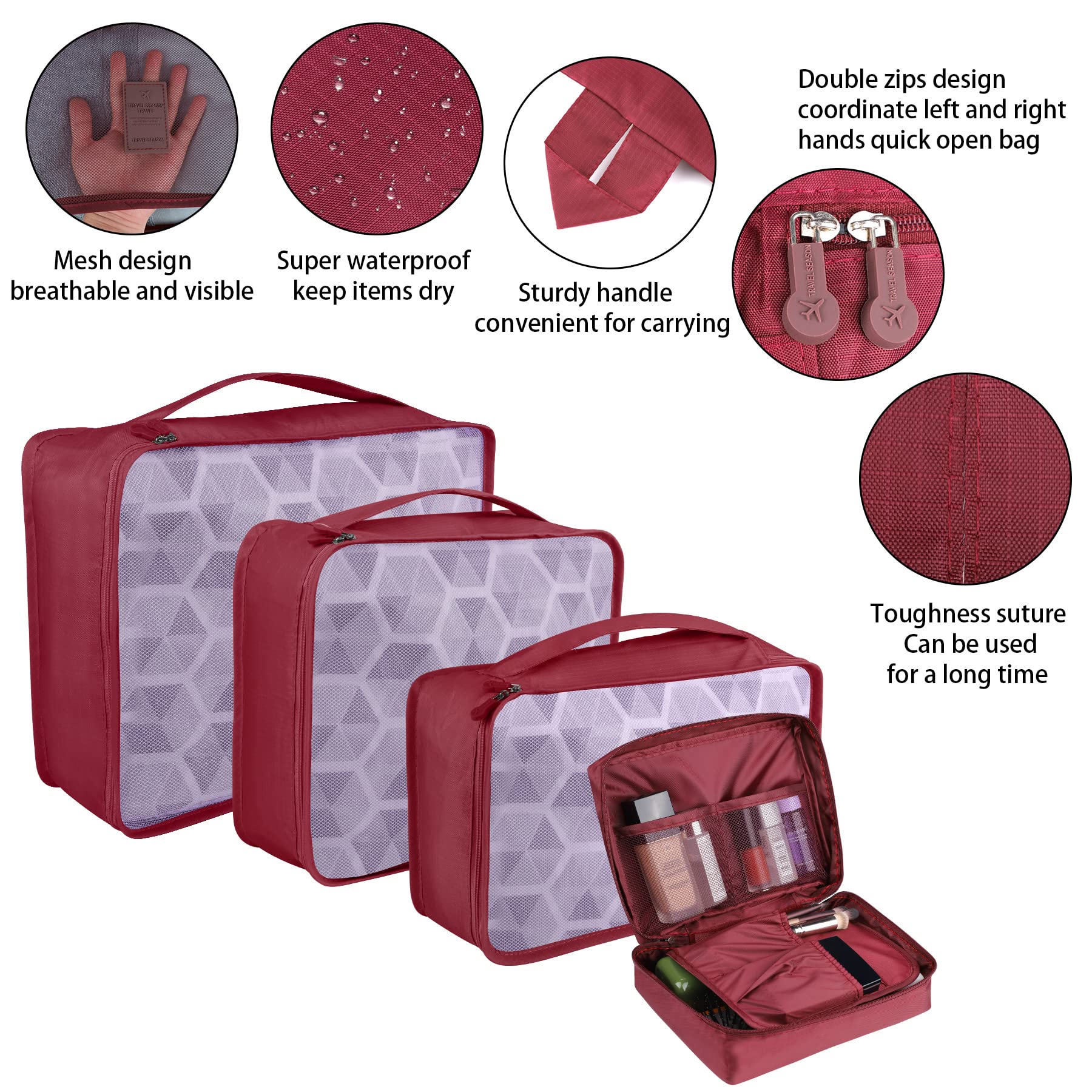 Coolzon Organizer Valigie Viaggio Set 8 Pezzi set, Cubi di Imballaggio Organizer Valigia Perfect Storage Travel Luggage Organizer per i vestiti,Cosmetici,Scarpe,Intimo, Rosso Scuro