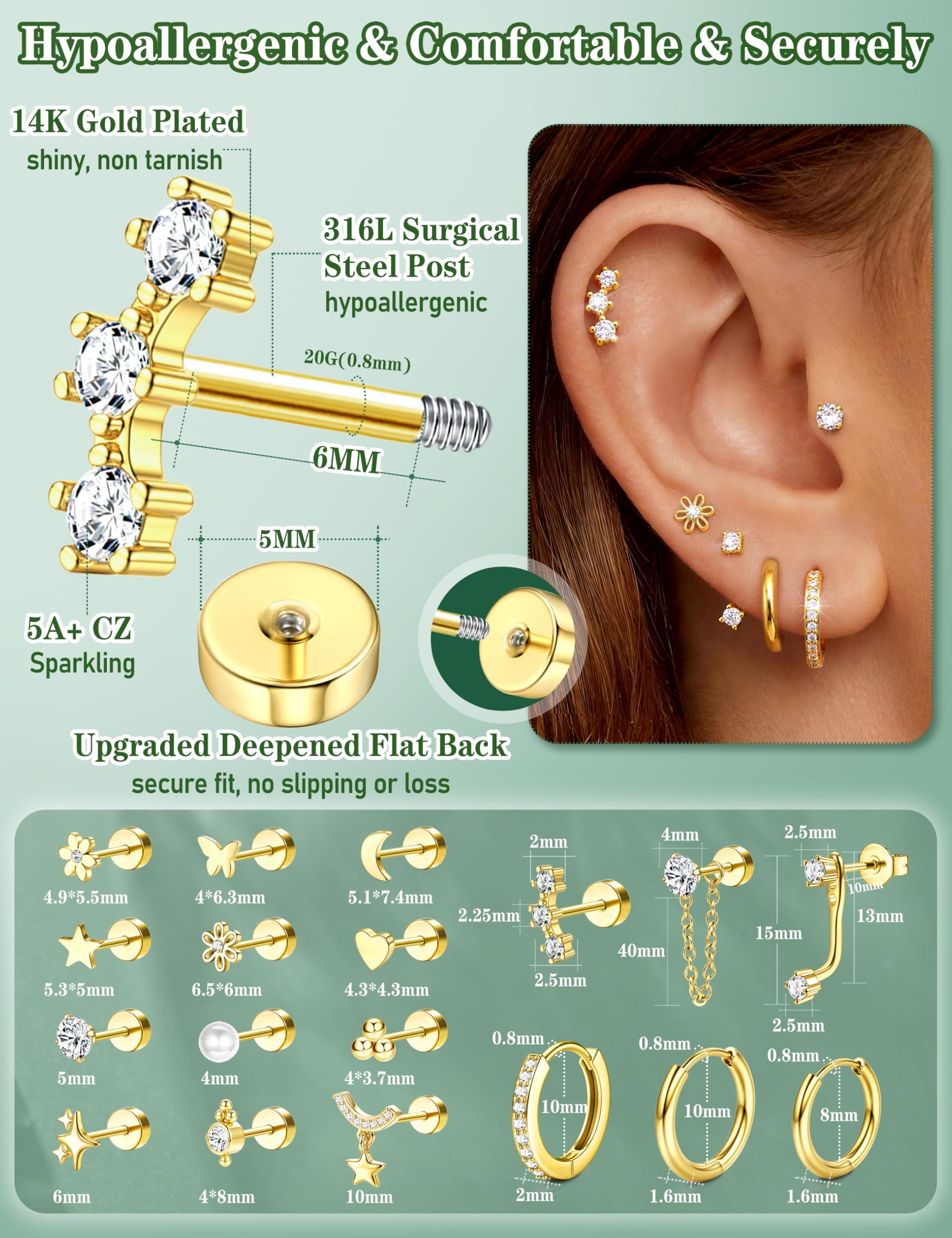 Hypoallergenic Flat Back Earrings 14K Gold Plated Cartilage Earring Stacks for Sensitive Ears Surgical Steel Small Huggie Hoops Flatback Stud Earrings Set for Multiple Piercing Jewelry Gift for Women - 3