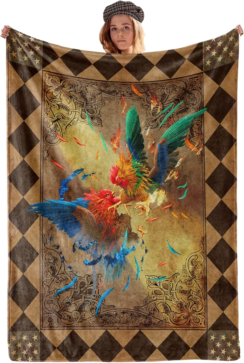 Blanket Vintage Rooster Fighting Throw Blanket for Adult Kid,Soft Plush Fluffy Warm Cozy Fleece Blanket Perfect for Bed Sofa Couch – Great Birthday/Christmas Day Gifts,(80" x 60")