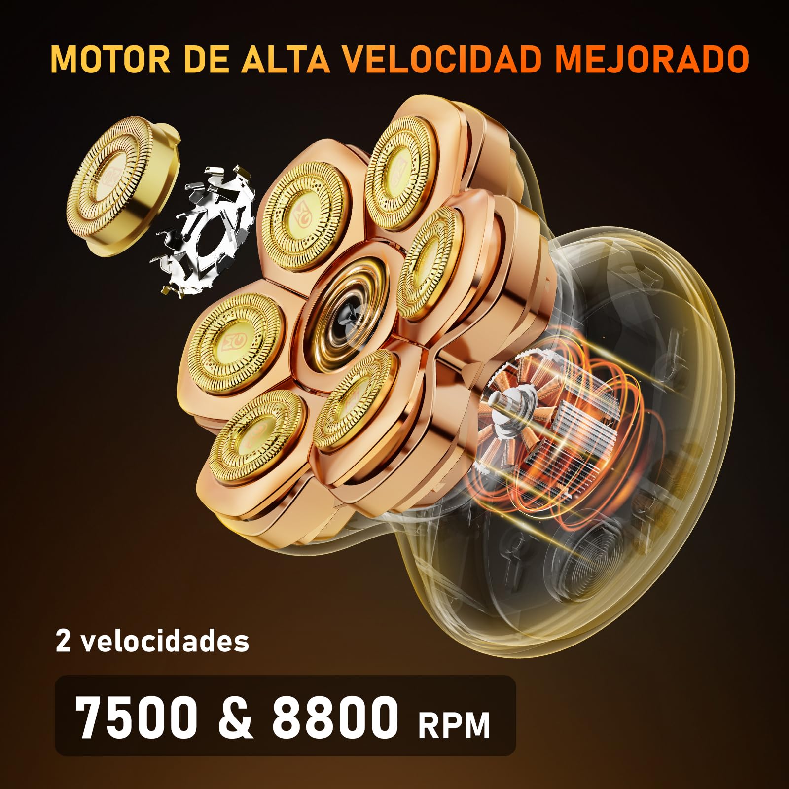 MAXGROOM Afeitadora Cabeza Hombre PRO, Maquina Afeitar Hombre, Afeitadora para Calva en Seco y Húmedo, 140 Mins de Uso, 7 Cabezales, Magnético, 100% impermeable, Dorado