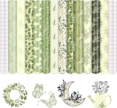 Boho Permanent Adhesive Vinyl-12 Sheets 12 x 10Sage Green Pattern Self Adhesive Vinyl Greenery Water proofing Permanent Vinyl for Mugs