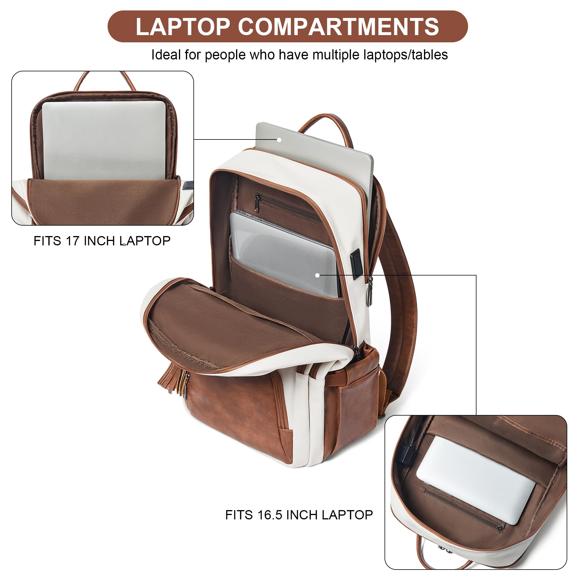 Shrrie 17 Zoll Laptop Rucksack für Frauen, Vegan Leder Rucksack Tasche, 28L Arbeit Business College Reise Computer Rucksäcke mit Tasche Tasche für große Kapazität Tasse & USB-Ladegerät