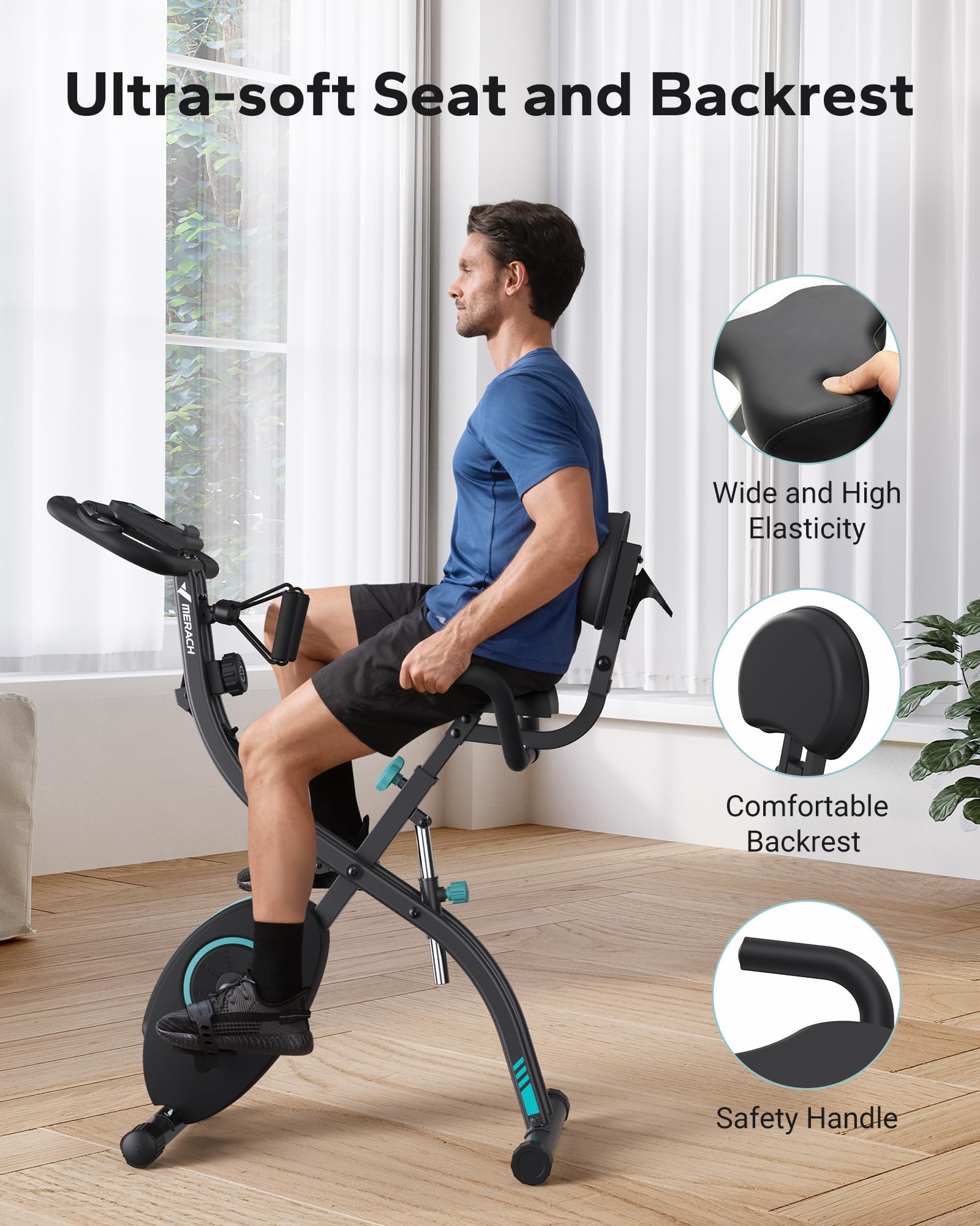 MERACH Rower Treningowy 4 w 1, 16 Poziomów Oporu, Aplikacja MERACH, Zielony | Ergometr, Wygodne siedzenie, Oszczędność miejsca, Trening w domu, Ręczny pomiar pulsu