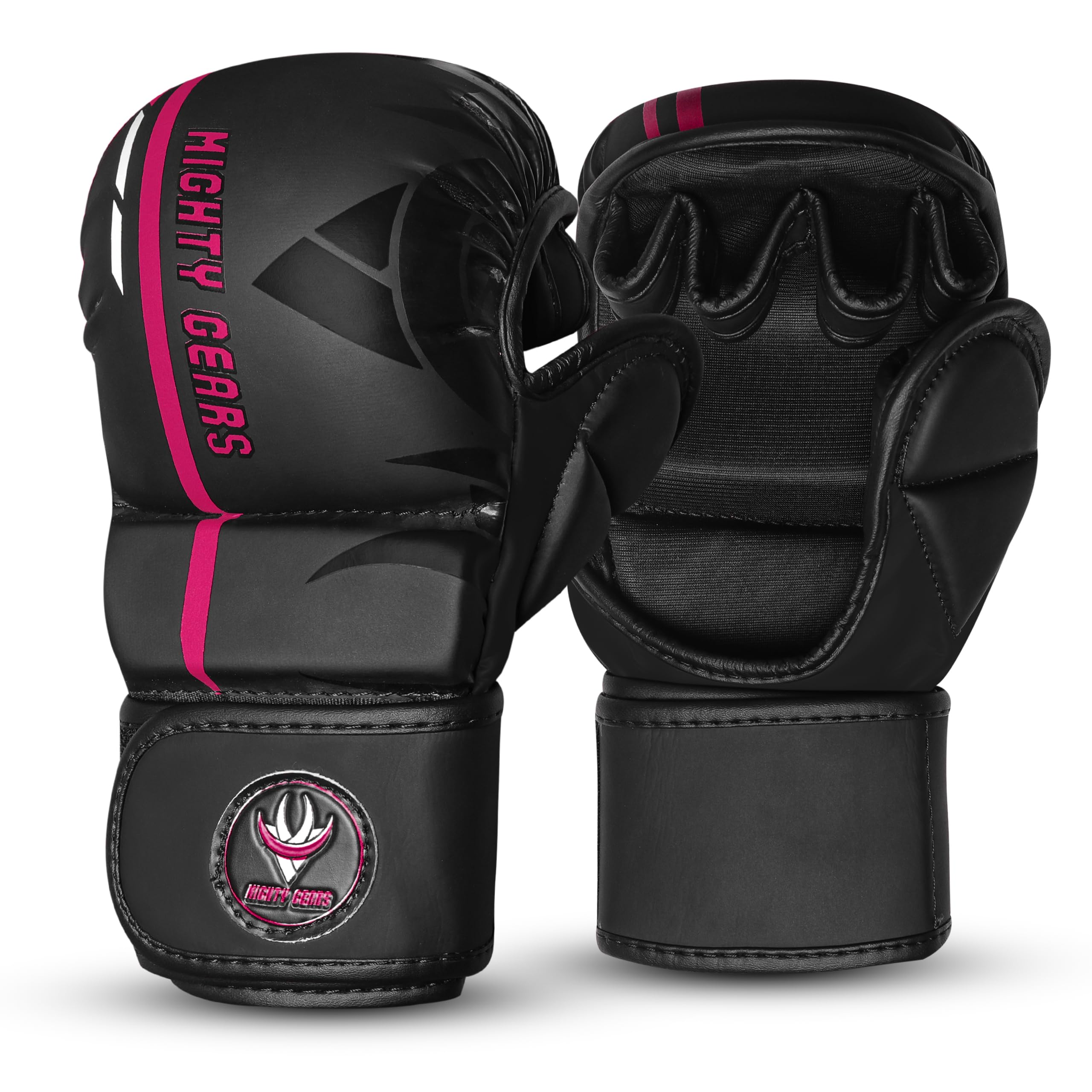 Mighty Gears MMA Gloves for Sparring & Grappling, Open Palm Shooter Design, Enhanced Wrist Support, Shock-Absorbing Padding, Lightweight & Durable for Training, Kickboxing, Muay Thai (Pink, L)