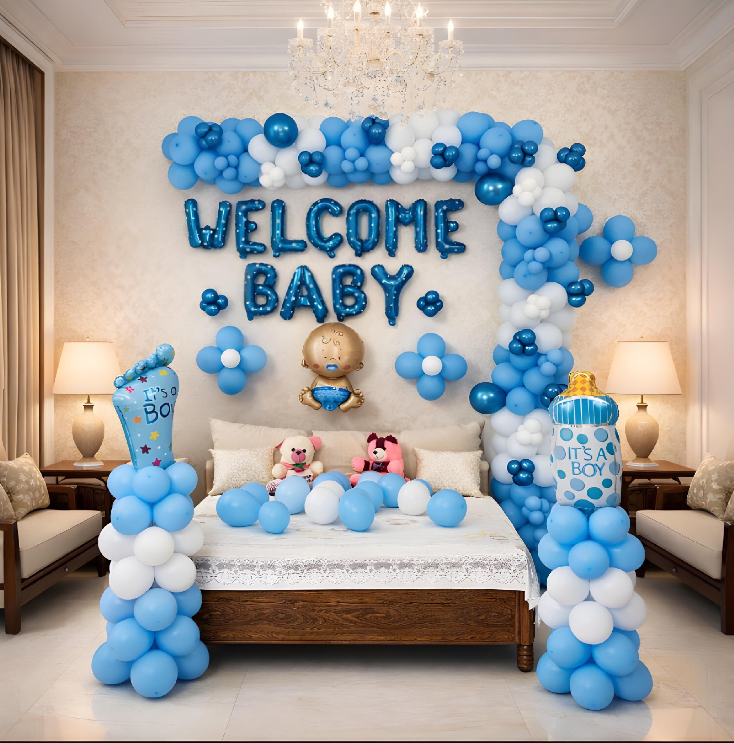 GROOVYDUDZ Welcome Baby Boy Decoration Kit – 51 Pcs Blue & White Balloon Arch Set with Welcome Baby Banner, Baby Face Foil, It’s a Boy Balloons for Baby Shower & Newborn Welcome Party-image-38