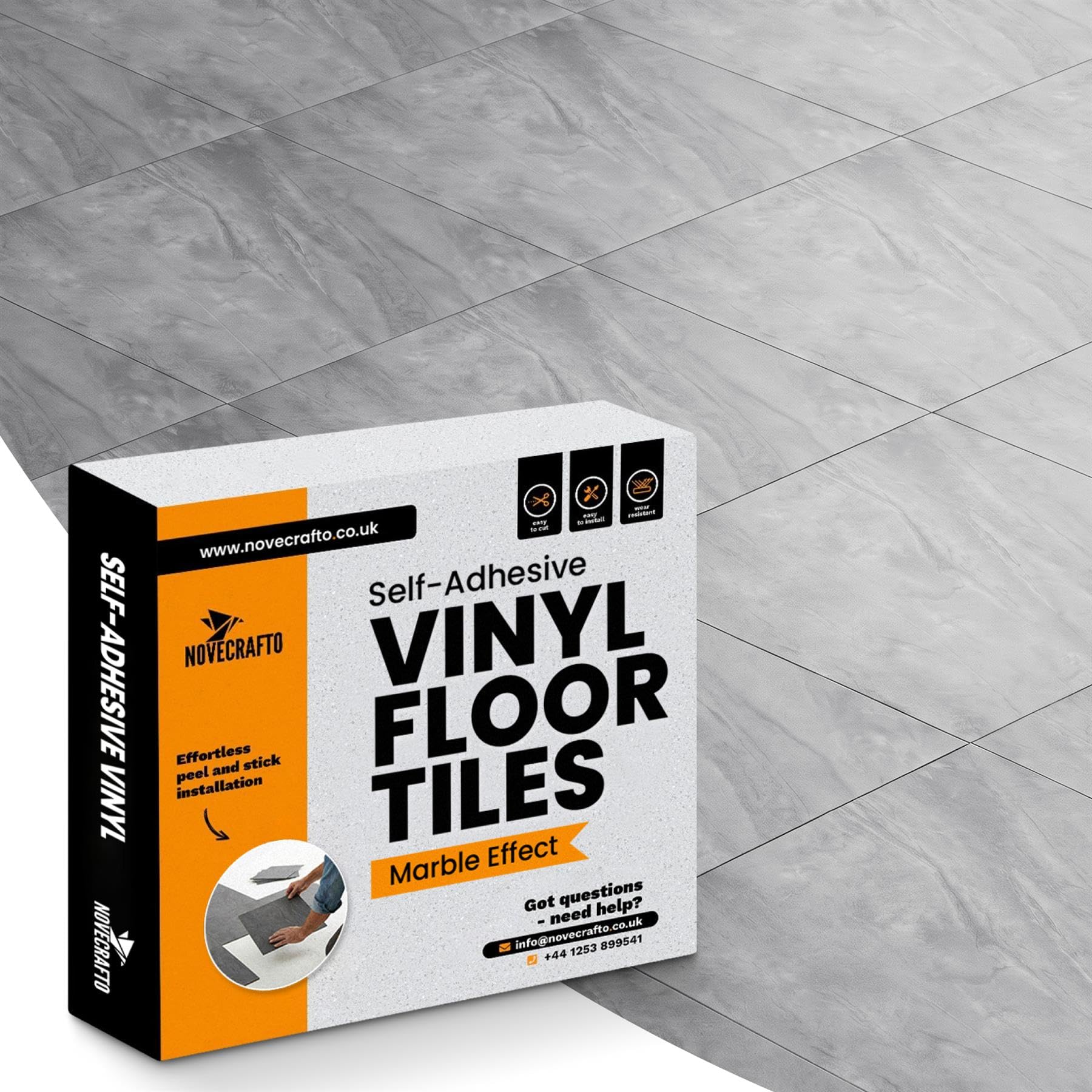 Vinyl Floor Tiles Self Adhesive - 30 Pack To Cover 30 sqf (2.79 sqm) | Each Sticker Tile Size 12x12In (30.5 x 30.5cm) - Peel and Stick Vinyl Floor Tiles | Grey-White Marble Effect