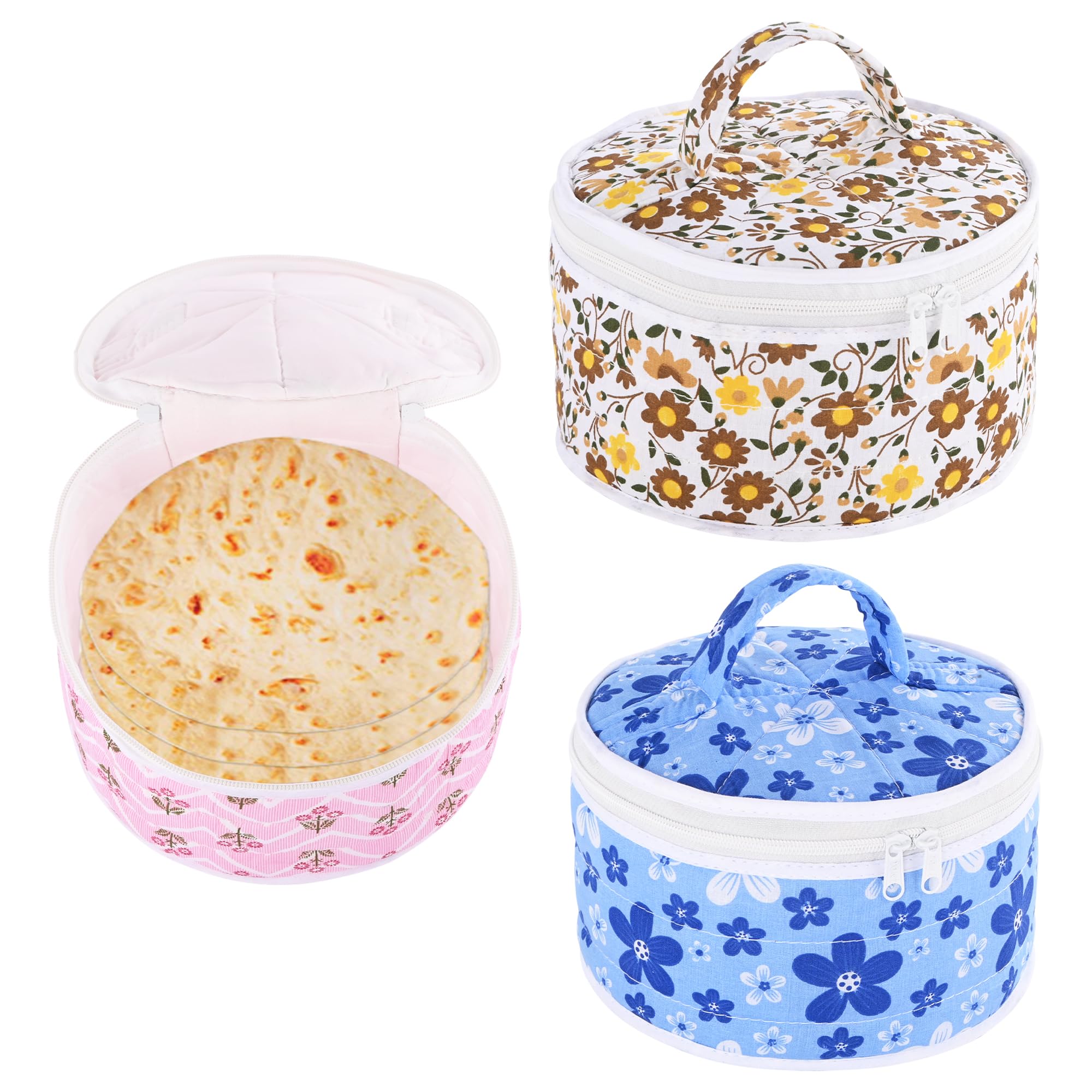 Kuber Industries (Pack of 3) Roti Cover | Round Roti Rumal | Cotton Roti Cloth For Kitchen | Zipper & Handle | Chapati Cover For Casserole | Printed | Assorted