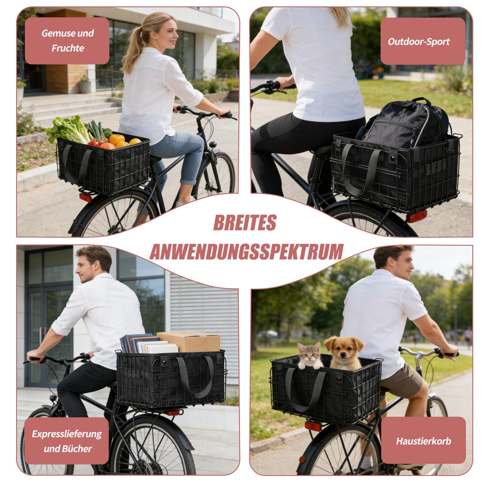 W&H Panier de vélo arrière pliable avec sac intérieur imperméable amovible, filet à bagages, housse étanche, bandes réfléchissantes