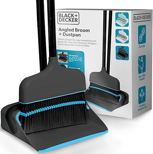BLACK+DECKER Juego de recogedor y cepillo, escoba de mano con mango ergonómico, borde de goma para una fácil recogida de suciedad, material duradero