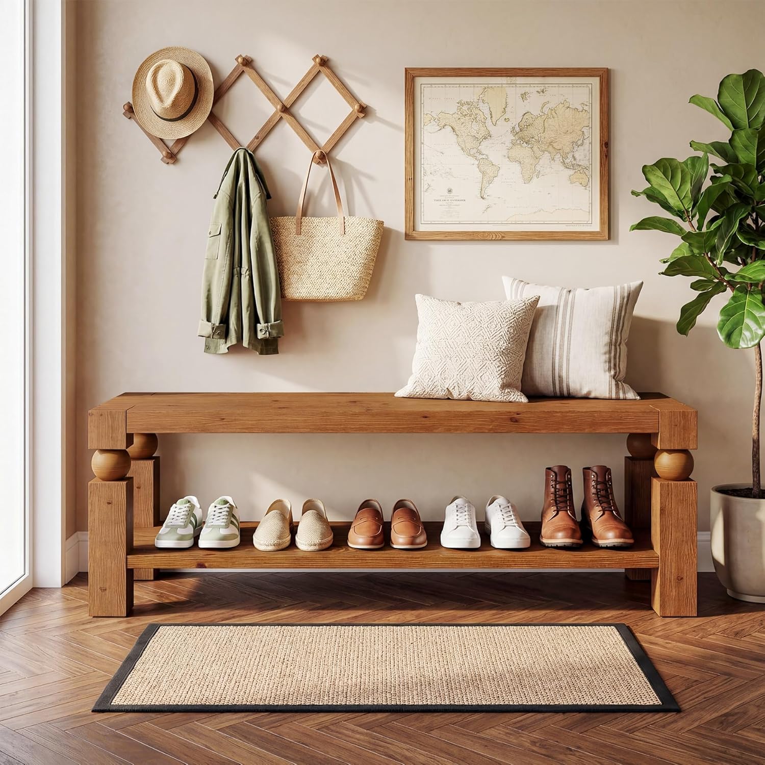 Solid Wood Shoe Bench, 47" Farmhouse Entryway Bench with Shoe Storage, Shoe Organizer Storage Bench, Long Rustic Bench Seating for Bedroom, Hallway, Living Room (Brown)