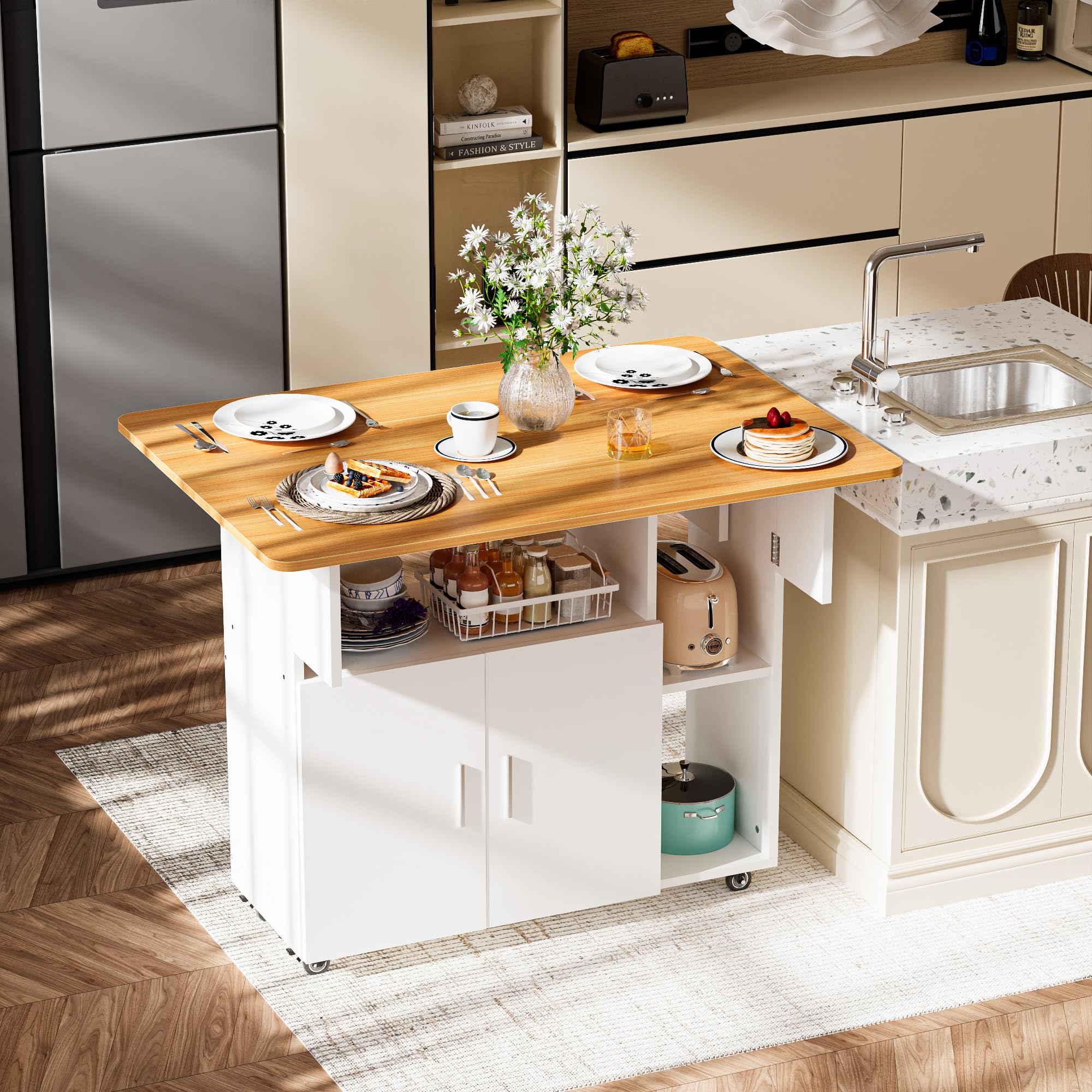 Mesa de Comedor Plegable Mesa de Cocina con Ruedas 1 Armario Grande y 3 Compartimento Abierto Aparador móvil Mesas para Espacios pequeños Comedor Cocina 100 x 70 x 79 cm Naranja y Blanco