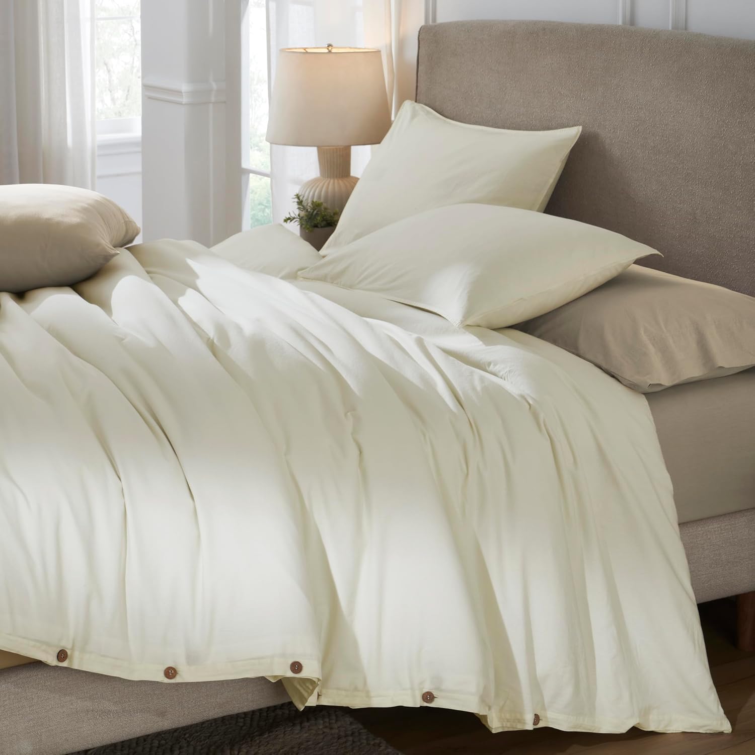 Superior Carmen 100% Cotton Relaxed Vintage Wash Duvet Cover Set, Lightweight Crisp Percale Bedding, Inner Ties, Button Closure, Matching Pillow Shams, Boho Chic Bedroom, Full/Queen, Ivory