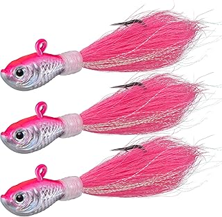 Dr.Fish 3 Pack Bucktail Jig Lure Hair Jig Saltwater Freshwater Lures Surf Fishing White Red Chartreuse Bass Flounder Striper Bluefish Halibut Redfish 1/2oz, 1oz, 2oz, 4oz, 6oz