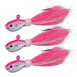 Dr.Fish 3 Pack Bucktail Jig Saltwater Fishing Jig Buck Tail Hair Lure Surf Fishing Bass/Striper/Mackerel/Halibut/Flouder Lure Pink 1/2oz