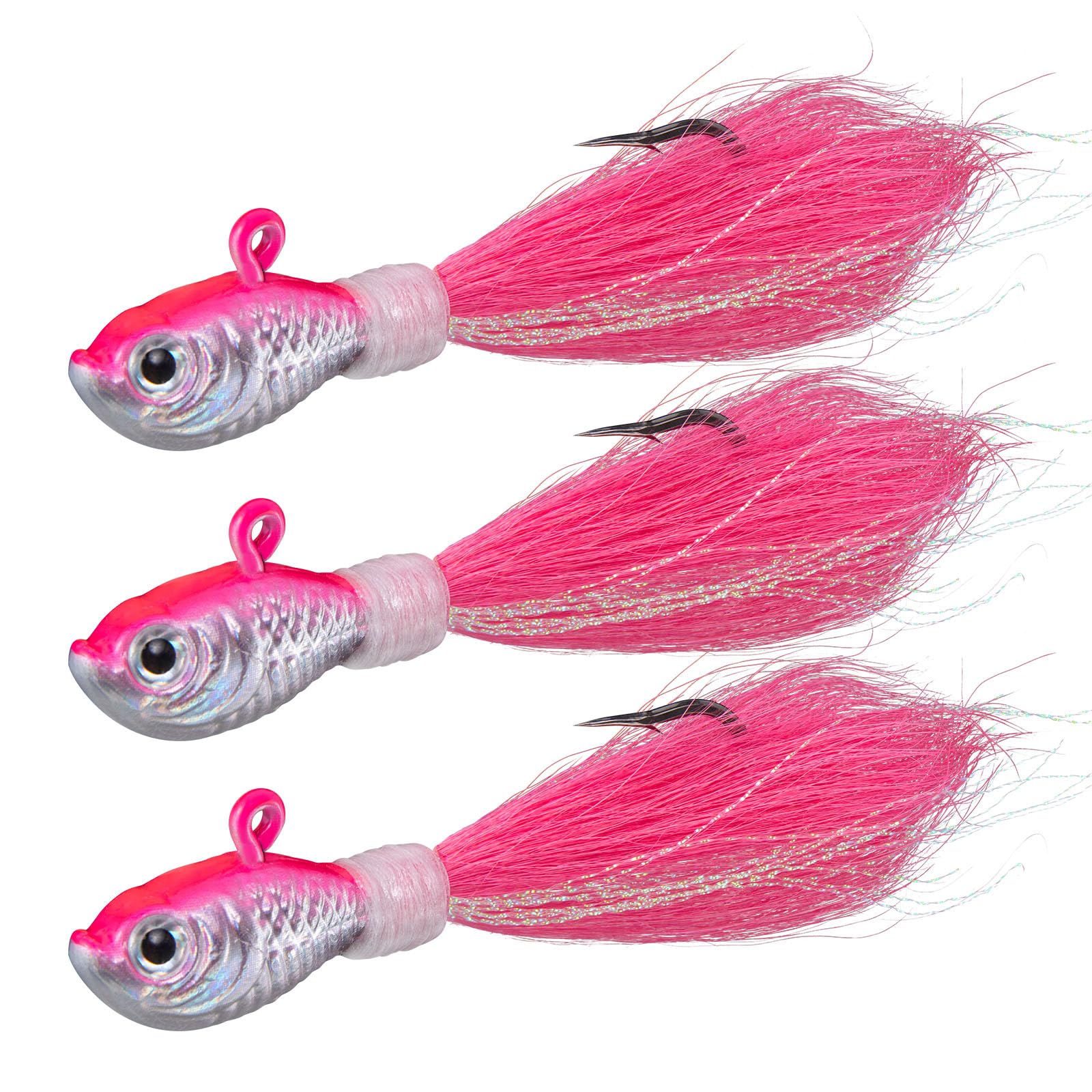 Dr.Fish 3 Pack Bucktail Jigs Saltwater Fishing Jig Hair Jig Bucktail Lures Striper Halibut Mackerel Lures Swimbait Jigs Surf Fishing Offshore Lures Pompano Flounder Jigs Pink 2oz — image 1
