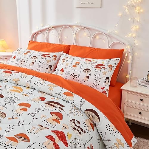 Miniatura 8 de Juego de edredón de hongos, 7 piezas en una bolsa con juego de sábanas para niños y adultos (1 edredón, 1 sábana encimera, 1 sábana bajera, 4 fundas