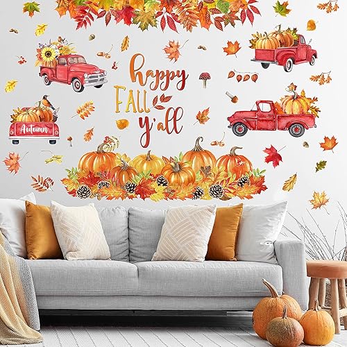 Miniatura 5 de Calcomanías de pared de 39.37 x 35.43 pulgadas, diseño de otoño y calabaza, arce, calcomanías de pared extraíbles para otoño, vacaciones, hogar,