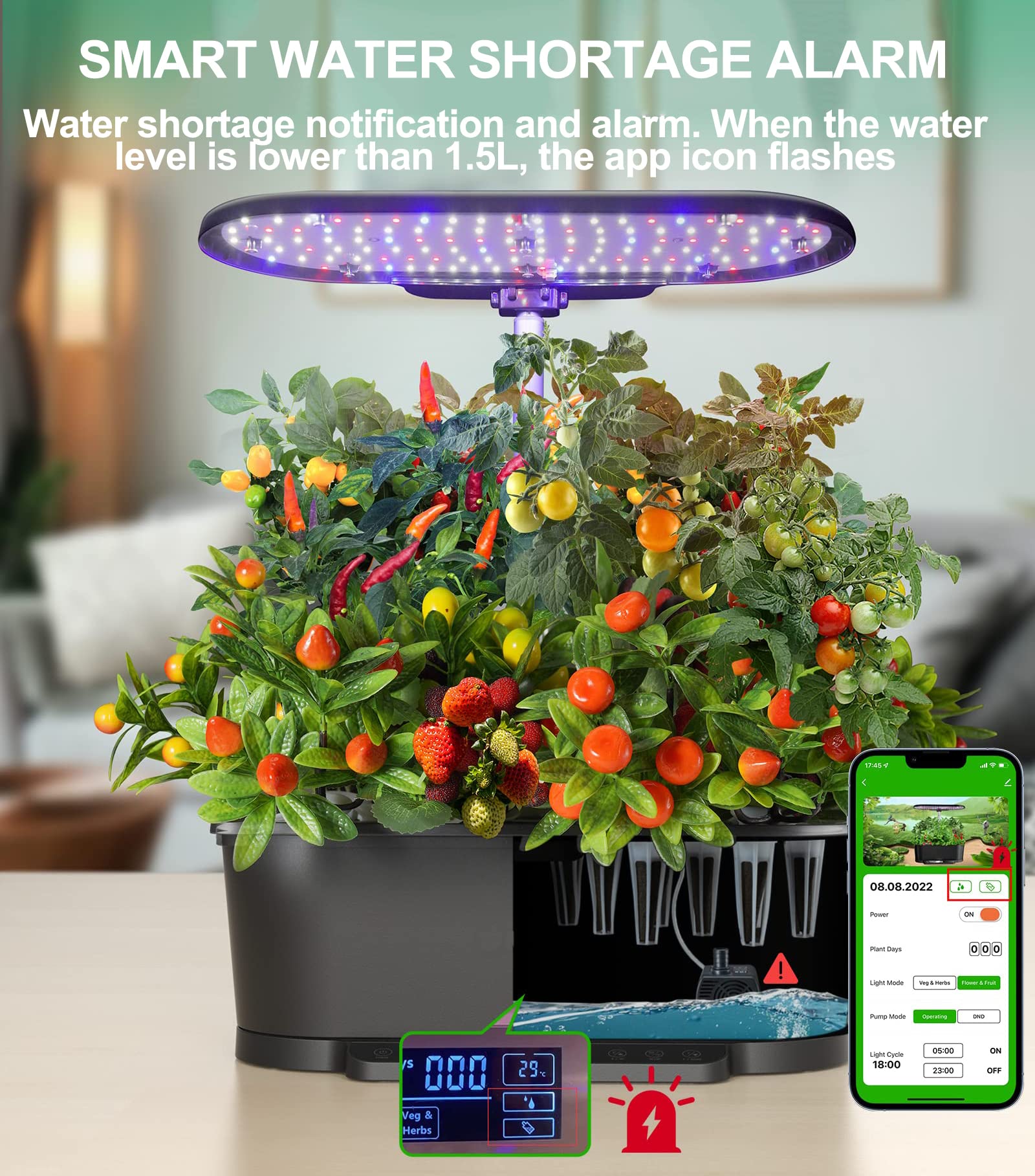 Sistema de cultivo hidropónico, WiFi 15 cápsulas de jardín interior con tanque de agua de 5,5 l, kits de germinación de altura ajustable de 76 cm, jardinera de jardín controlada por aplicación con luz
