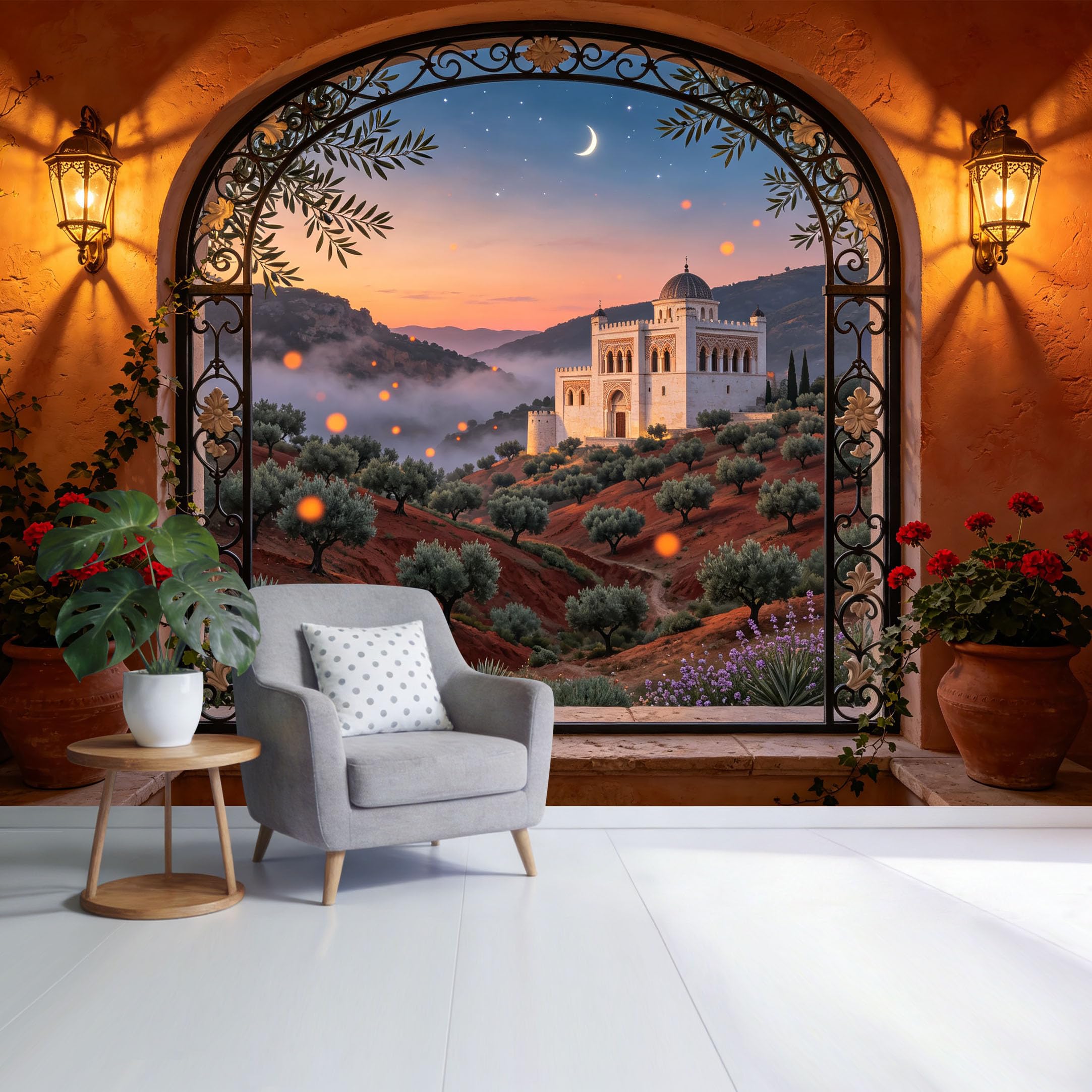 Custom Size Wall Mural Mediterranean Palace Landscape 3D Trompe L'Oeil View Removable Self Adhesive Fabric，Home Wall Decor for Living Room Bedroom Bathroom