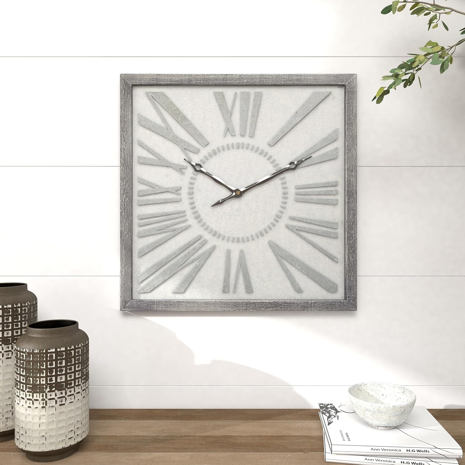 Deco 79 Metal Decorative Distressed Square Wall Clock for Home and Room, 25" x 2" x 25", Gray