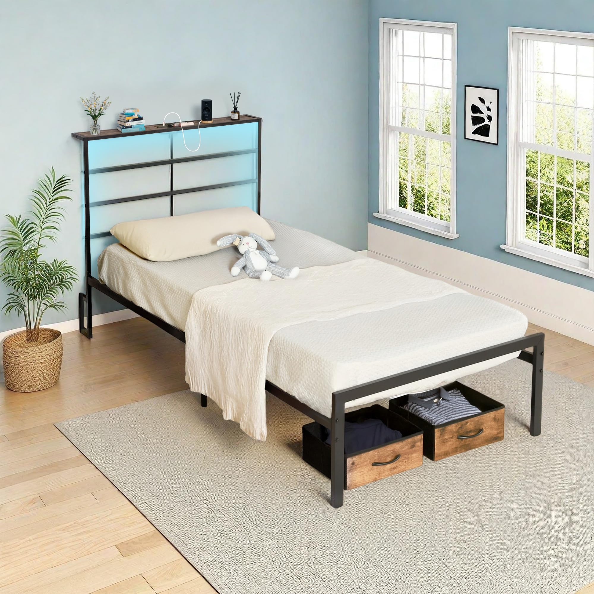 FurnitureR Bed Frame 3ft Single Size with USB Charging Station, LED Bed Frame with Wood Storage Headboard, Black Metal Platform Bed with 32cm Under Bed Storage, No Box Spring Needed, Noise Free