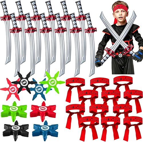 Deekin 48 piezas de recuerdos de fiesta de ninja, incluye espada ninja inflable, juguetes de estrella ninja de espuma, diademas de ninja, pequeñas