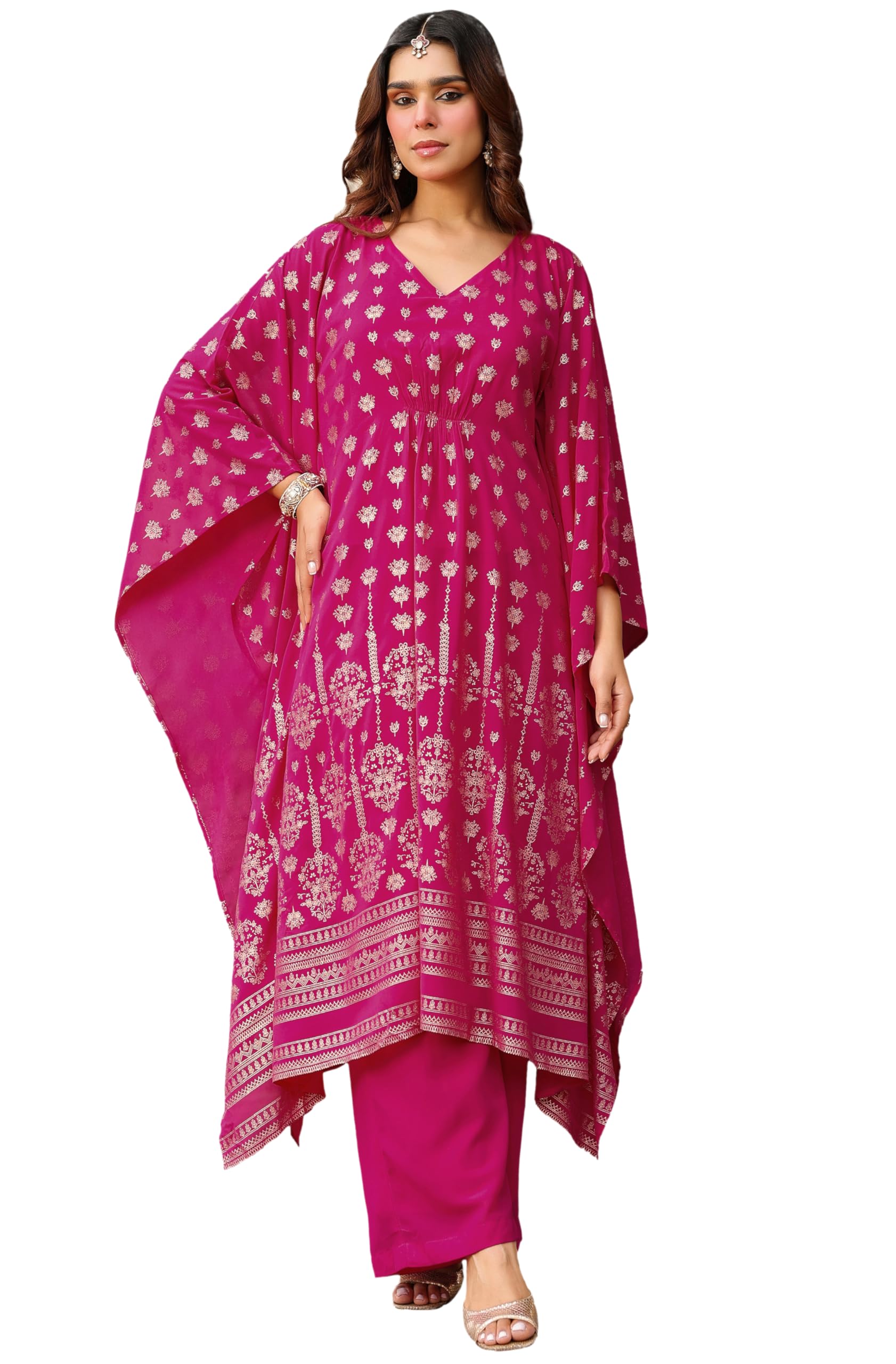 Janasya Women's Georgette Gold Printed Kaftan Kurta with Palazzo Set in gold