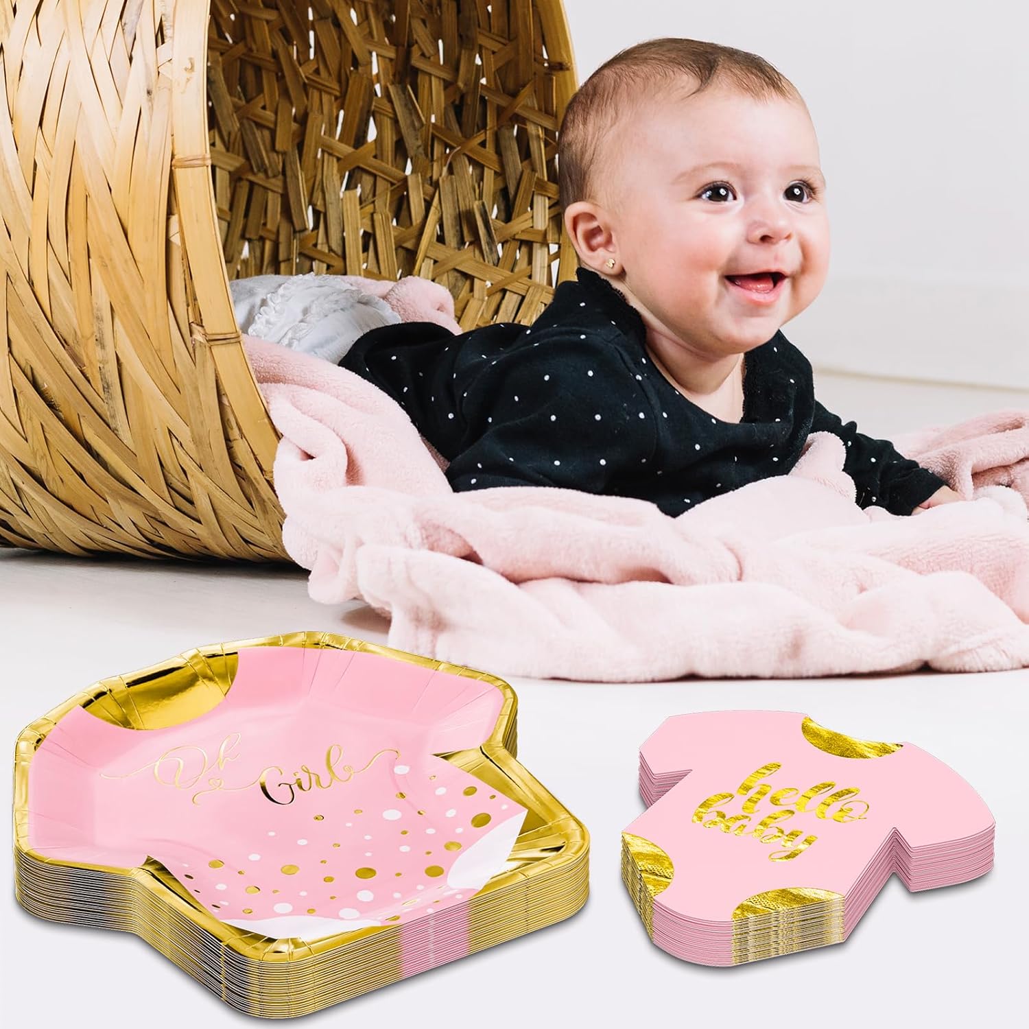 Baby Shower Plates and Napkins for Girl Serves 24, Disposable Napkins and 9.9" Shaped Plates with Gold Foil for Girls Gender Reveal Oh Baby Newborn Baby Shower Birthday, Pink Baby Girl