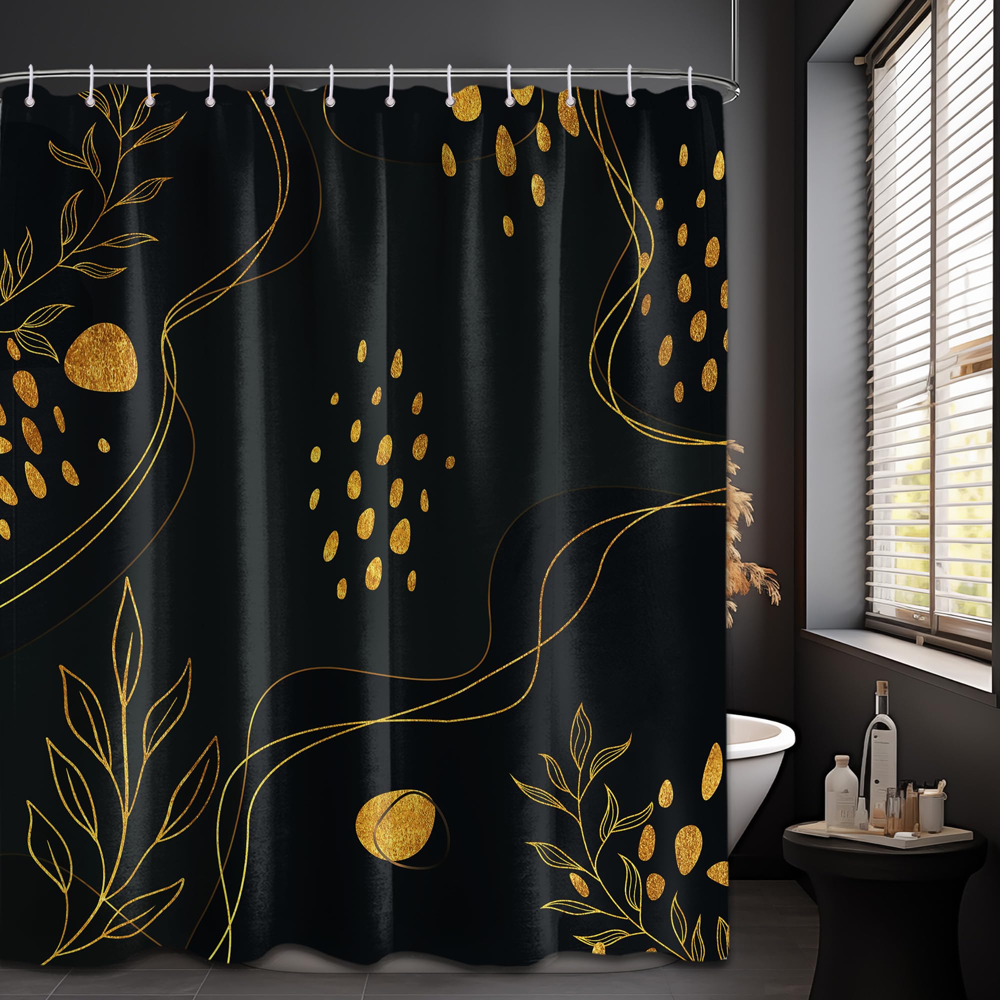LanZanthic Black and Gold Shower Curtains for Bathroom Modern Abstract Boho Mens Wet Room Shower Curtain with hooks, Mould Proof Resistant, Waterproof, Washable, Fabric, 180 x 200 cm