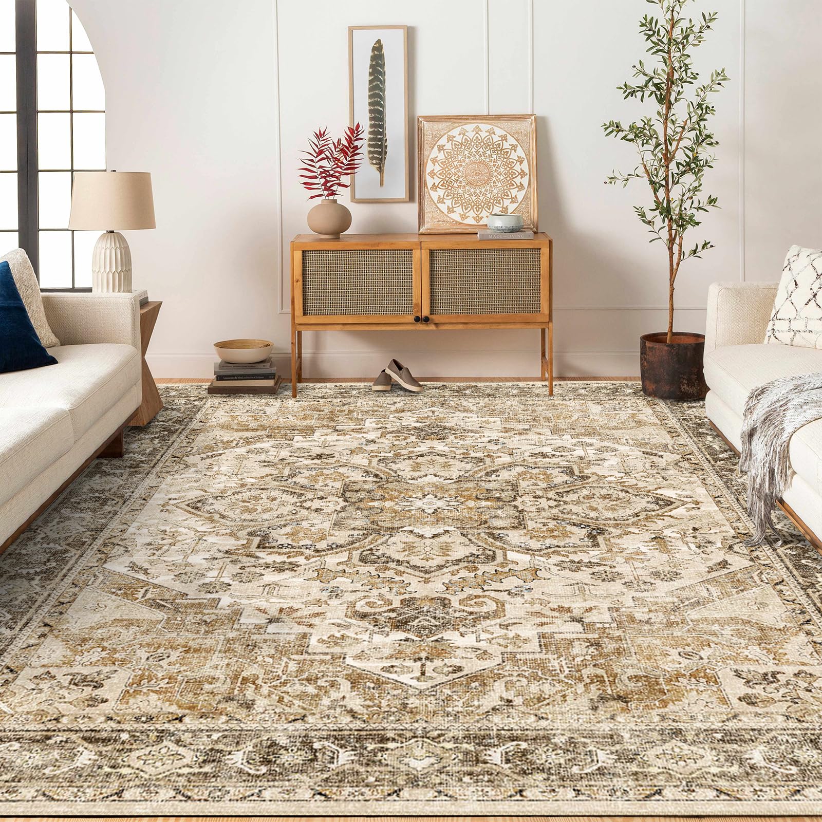 HILORUUG Washable Area Rug 8x10 - Living Room Farmhouse Vintage Oriental Rug Large Distressed Non-Slip Stain Resistant Carpet for Bedroom Dining Room Home Office (8x10 Beige/Brown)