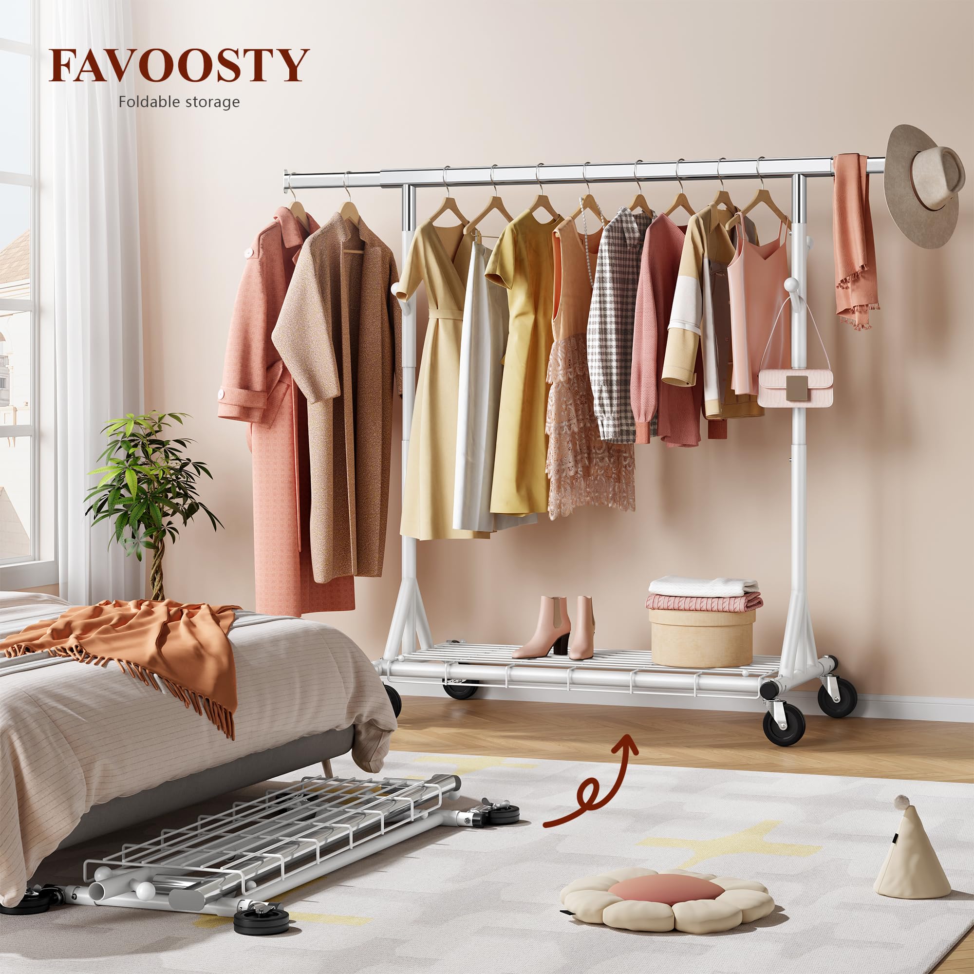 FAVOOSTY Perchero de ropa resistente, Extensible y ajustable, Perchero con ruedas y estantes bloqueables para dormitorio, Sala de estar, Hasta 150 kg, Blanco