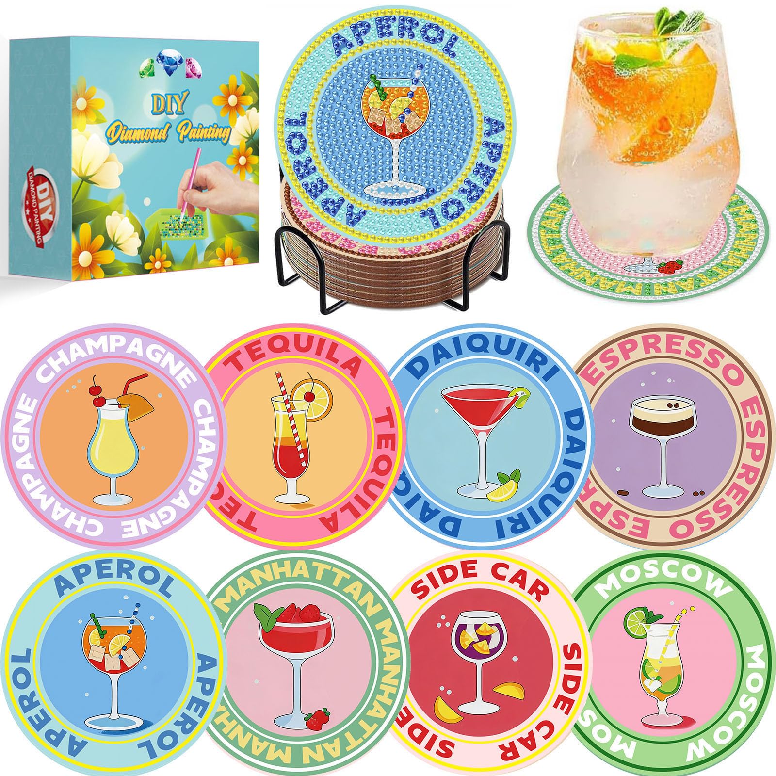 Cocktail Diamond Art Coasters Set of 8, Diamond Painting Coasters with Holder, DIY Coaster Gem Art Crafts Supplies for Adults Beginners Cup Mat with Nice Gift Box for Home Decor 3.9 inch